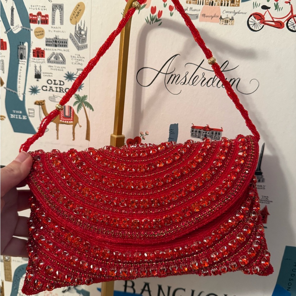 Red Beaded Evening Clutch‎ Bag Seed Bead Crystal Formal Crossbody Handbag
